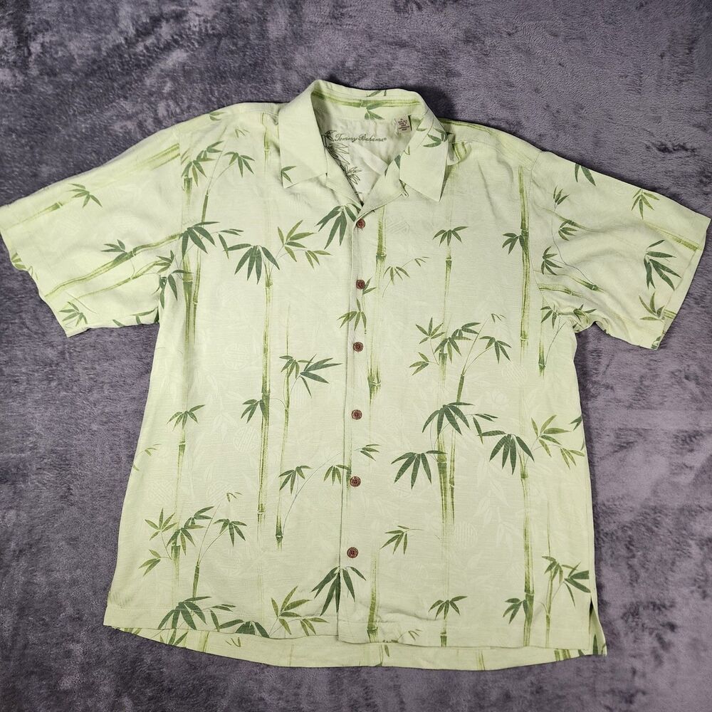 Tommy Bahama Men's XL Light Green Bamboo Print 100% Silk Shirt Resortwear Island